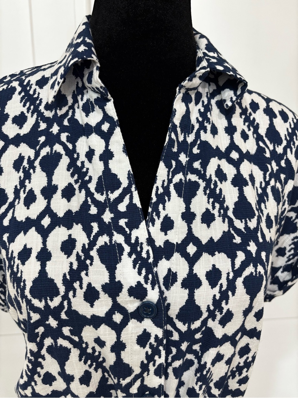 Badgley Mischka Navy and White Ikat Maxi Shirt Dress